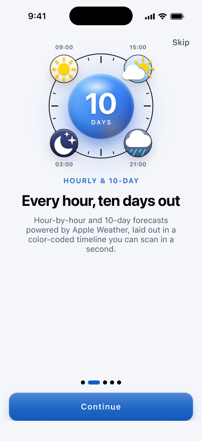Climate light-mode onboarding illustration for hourly and 10-day forecasts